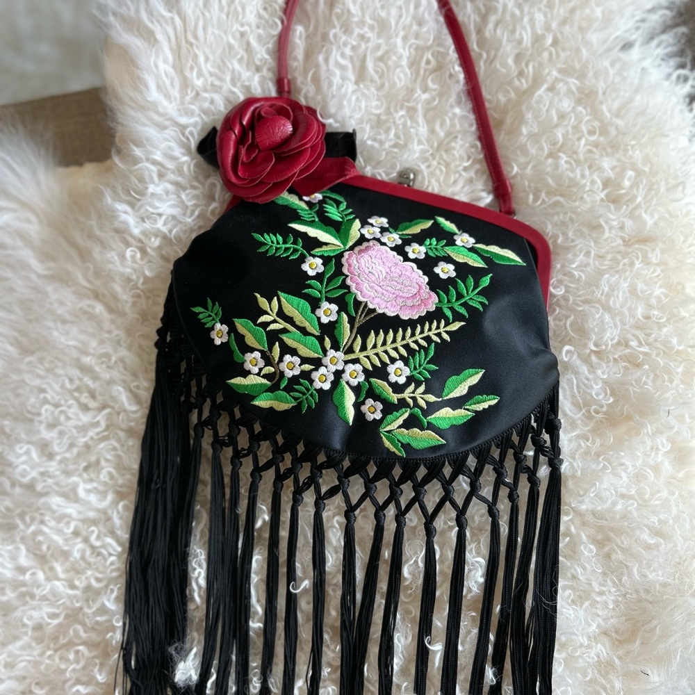 MOSCHINO EMBROIDERED PIANO FRINGE SHOULDER BAG